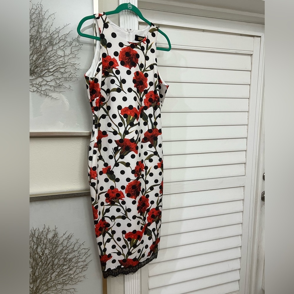 Alexa Admoor Floral Sleeveless Dress - Red and Black with Black Lace Hem Trim; L